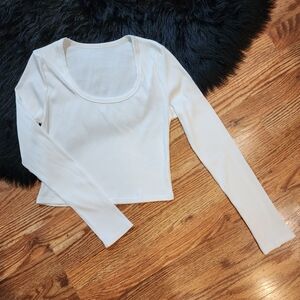White Ribbed Long Sleeve Scoopneck Crop Top Womens Size XL